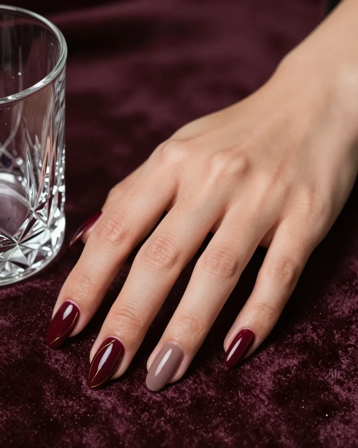 Hand on plum velvet with wine red nails and fine gold linework