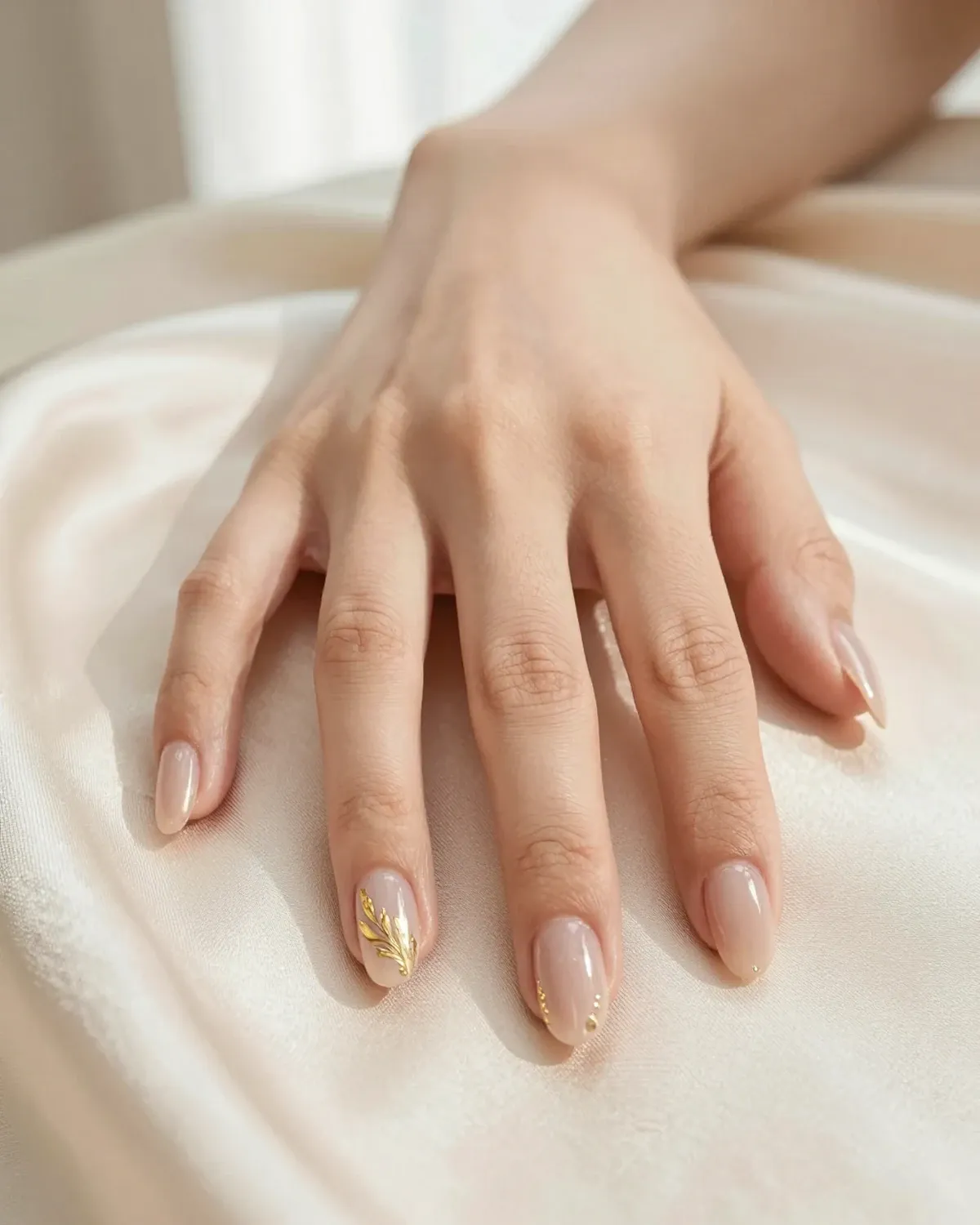 Hand on cream silk with sheer nude nails and a hand-painted gold leaf accent