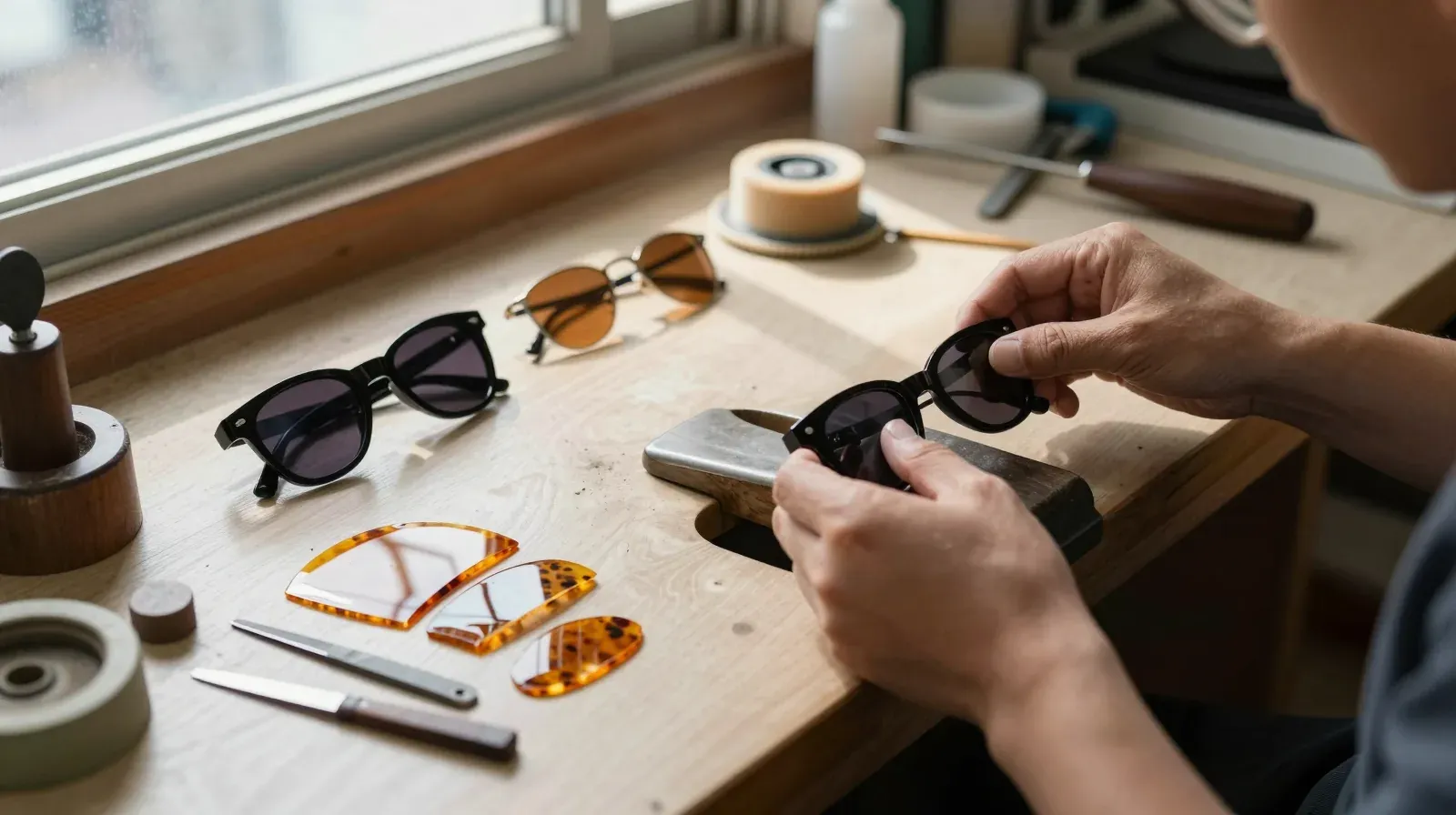 A craftsman polishing a black acetate frame at a workbench in Daegu, amber tortoise pieces beside it