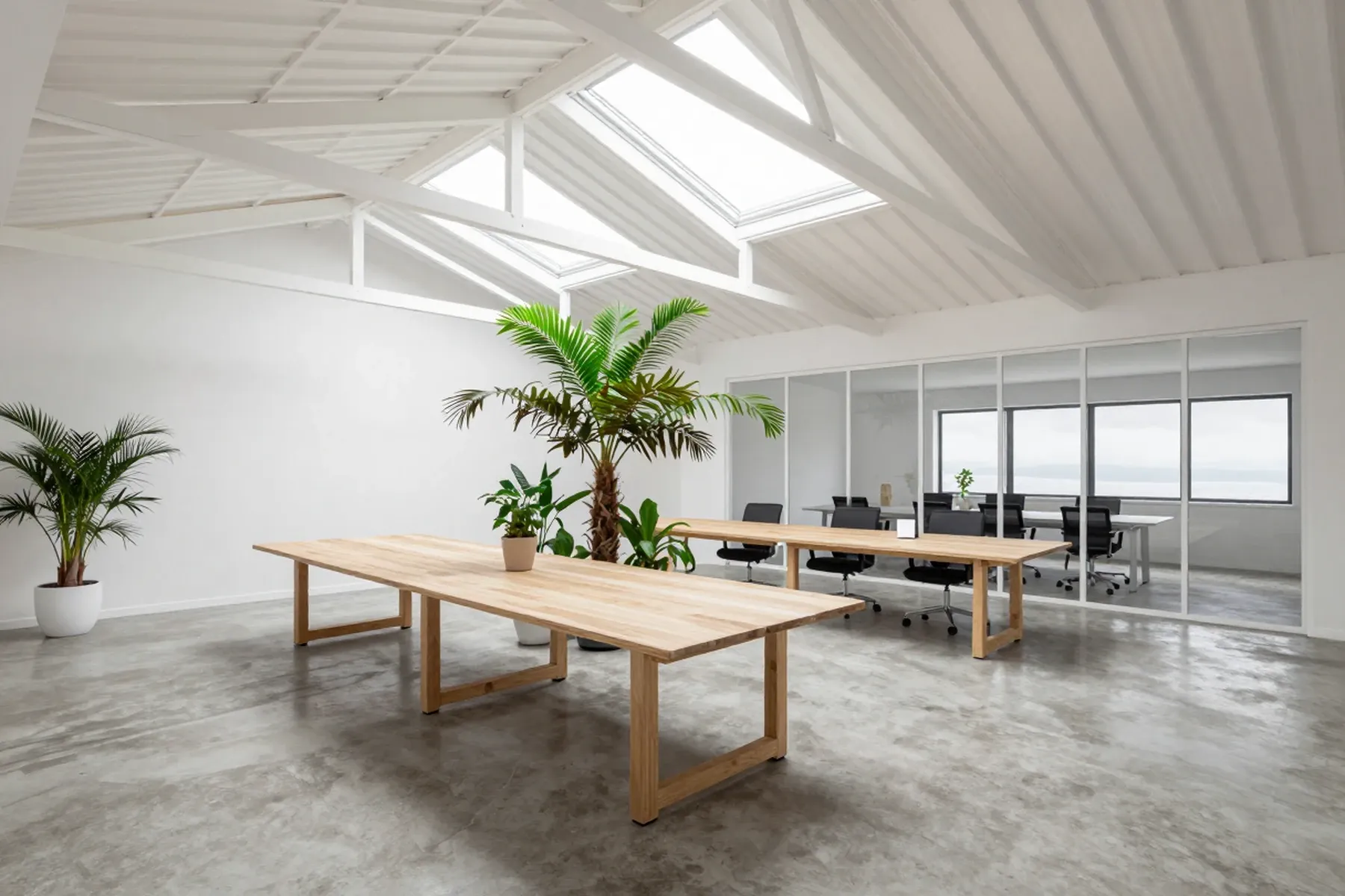 Bright workplace under a white sawtooth roof with north light skylights