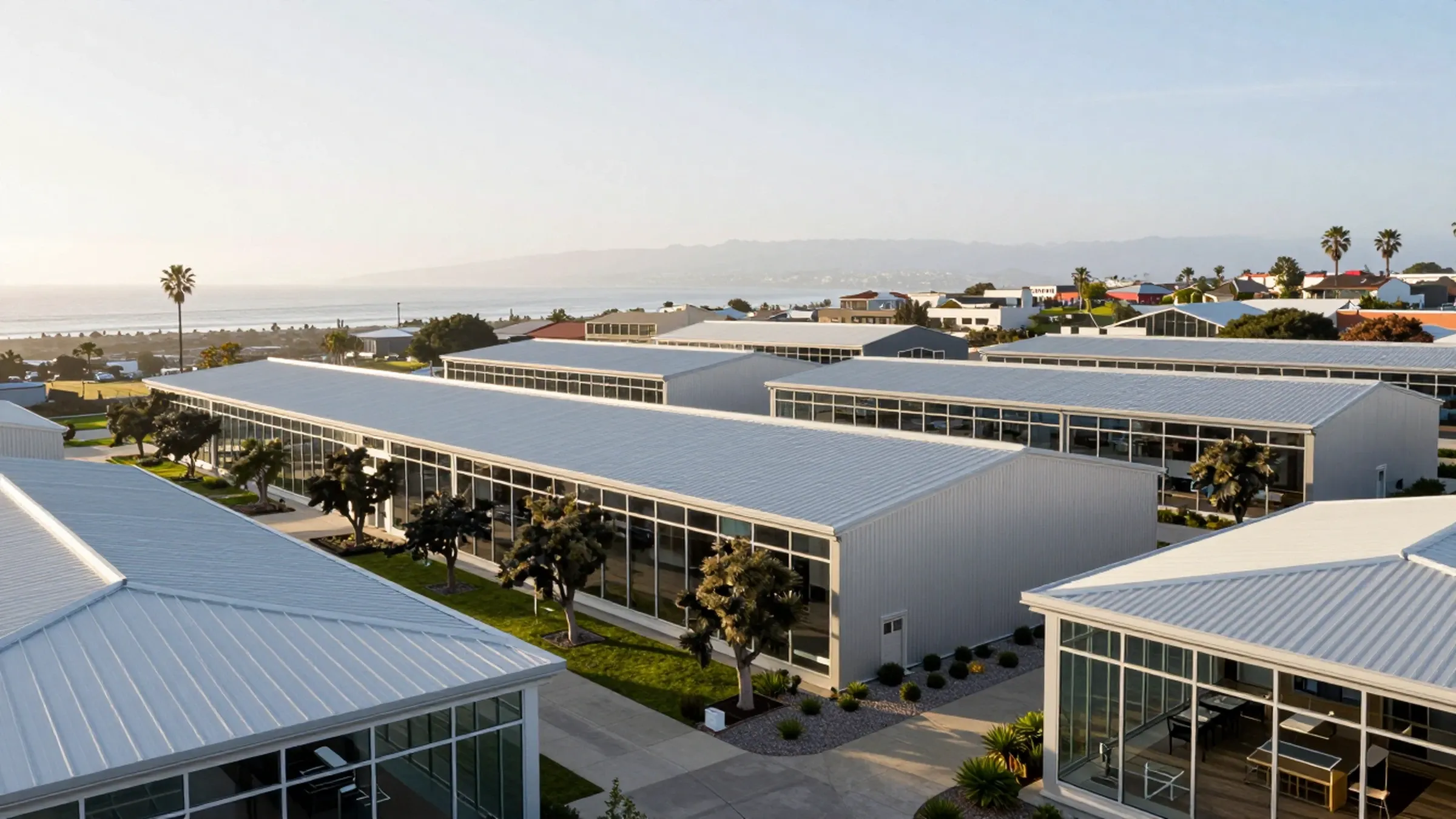 Row of low sawtooth-roofed workplace buildings around a courtyard of oaks