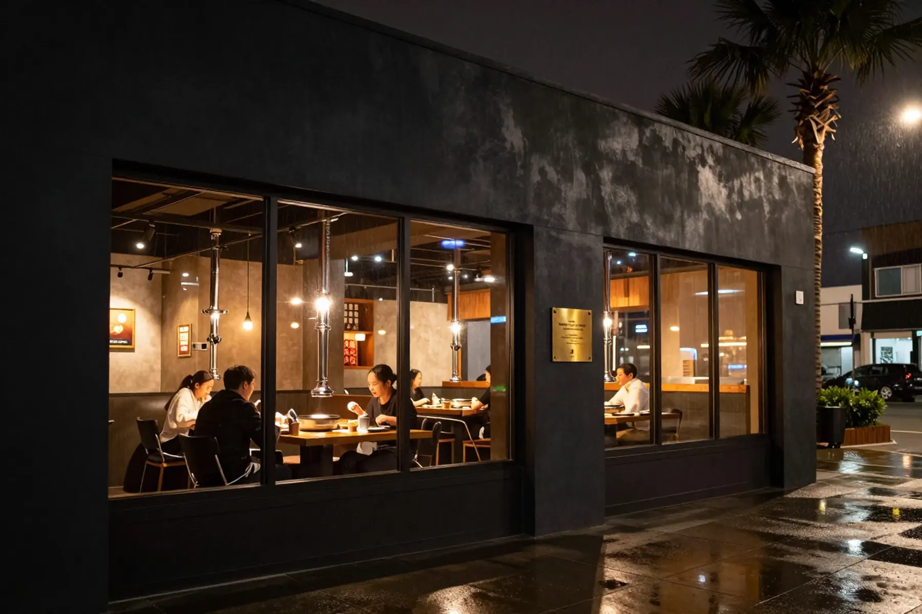 The Hwa Ro storefront on 6th Street at dusk