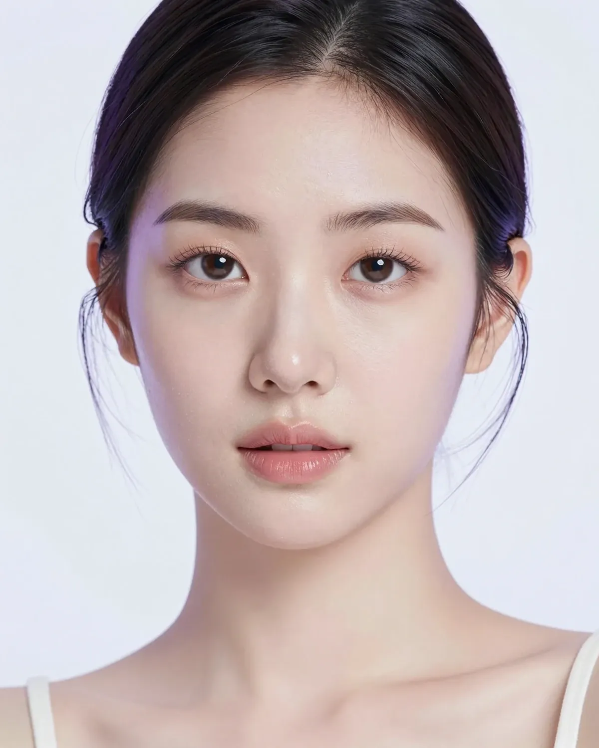 Close-up portrait of a woman with clear, hydrated-looking skin