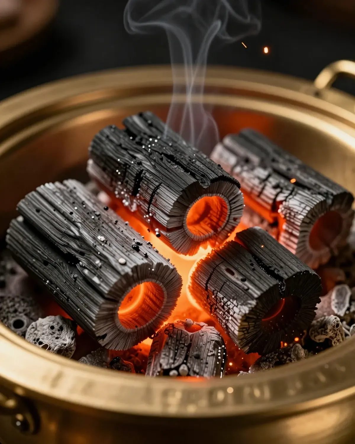 Hardwood charcoal glowing in a brass grill well