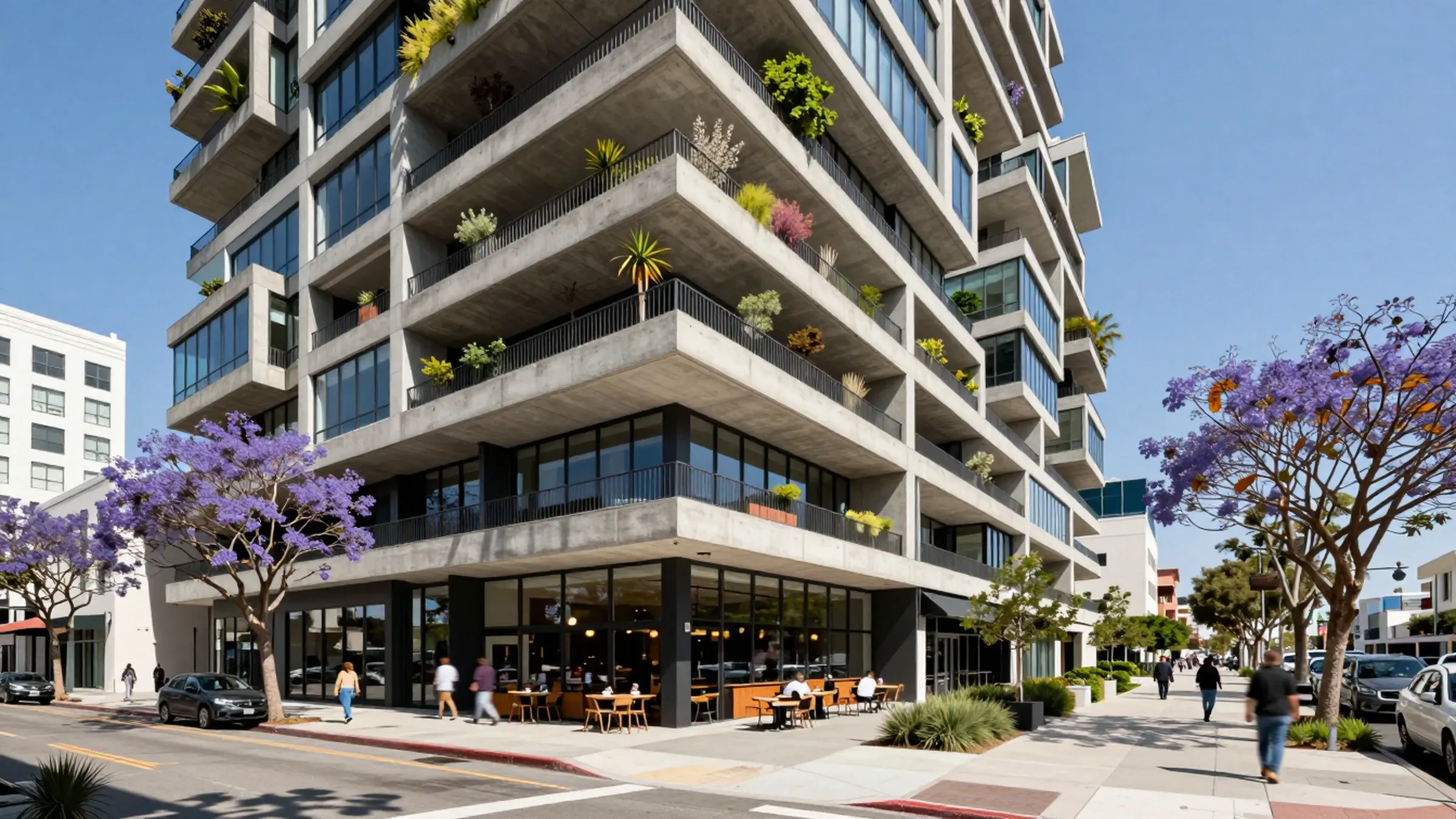 Mid-rise concrete building with planted terraces stepping over a tree-lined street