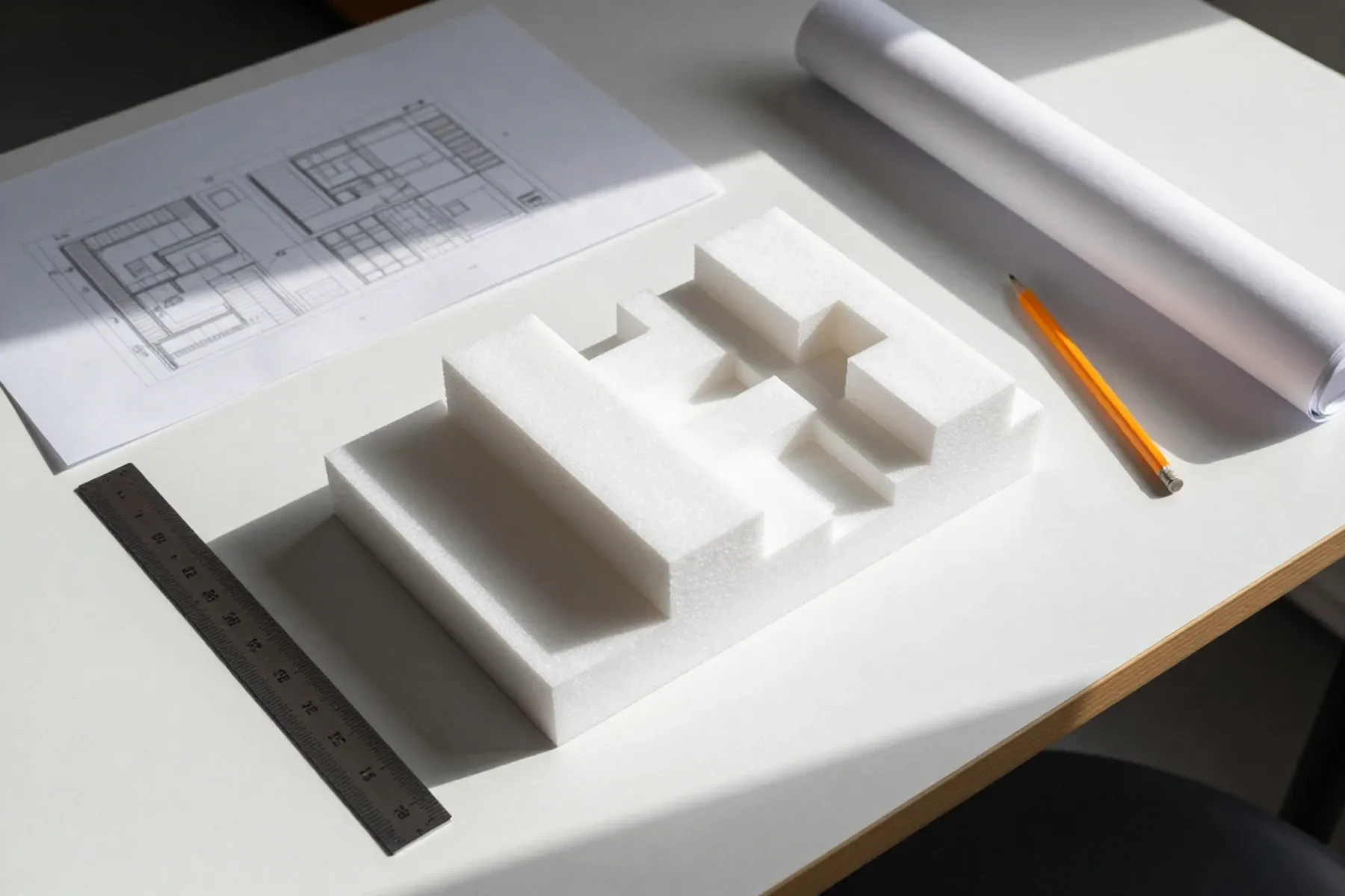 Architecture table with a white massing model and pencil site plans