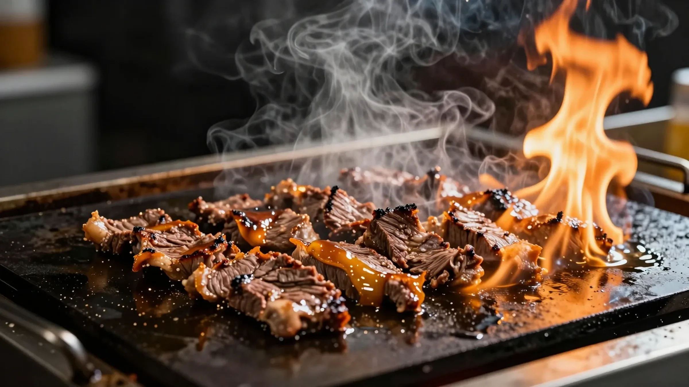 Marinated bulgogi searing on a flat-top grill with flames and smoke
