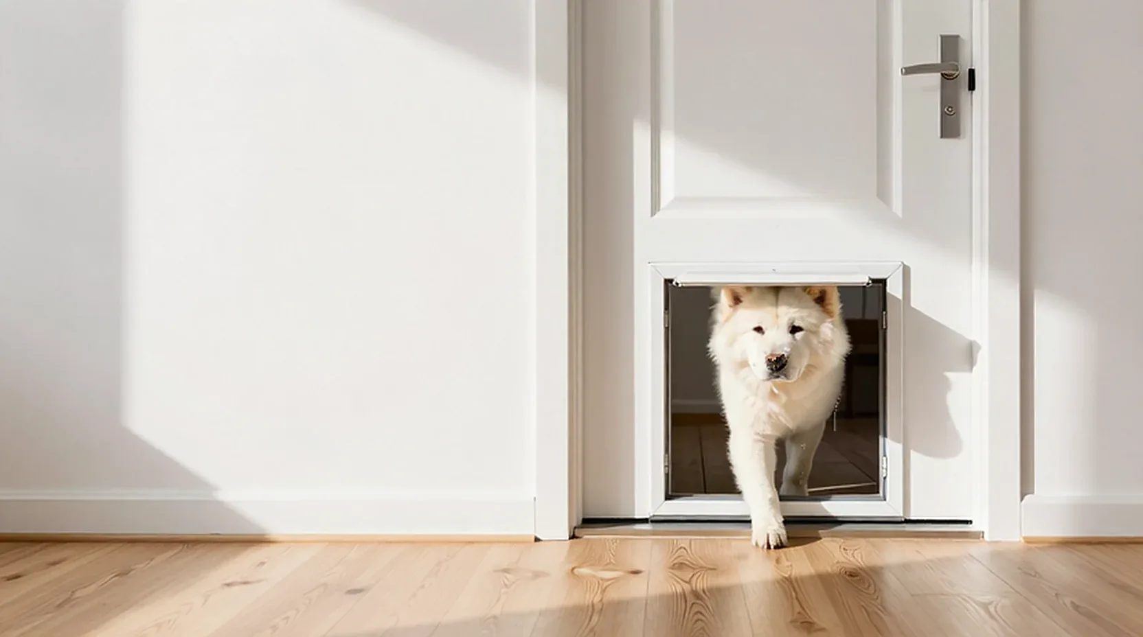 A white Jindo dog coming in through the pet door in the front door, then sitting beside it and looking up