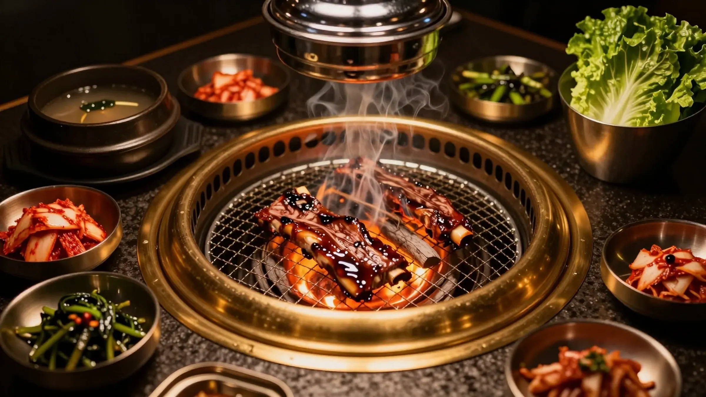 Marinated short rib searing over glowing charcoal on a tableside grill