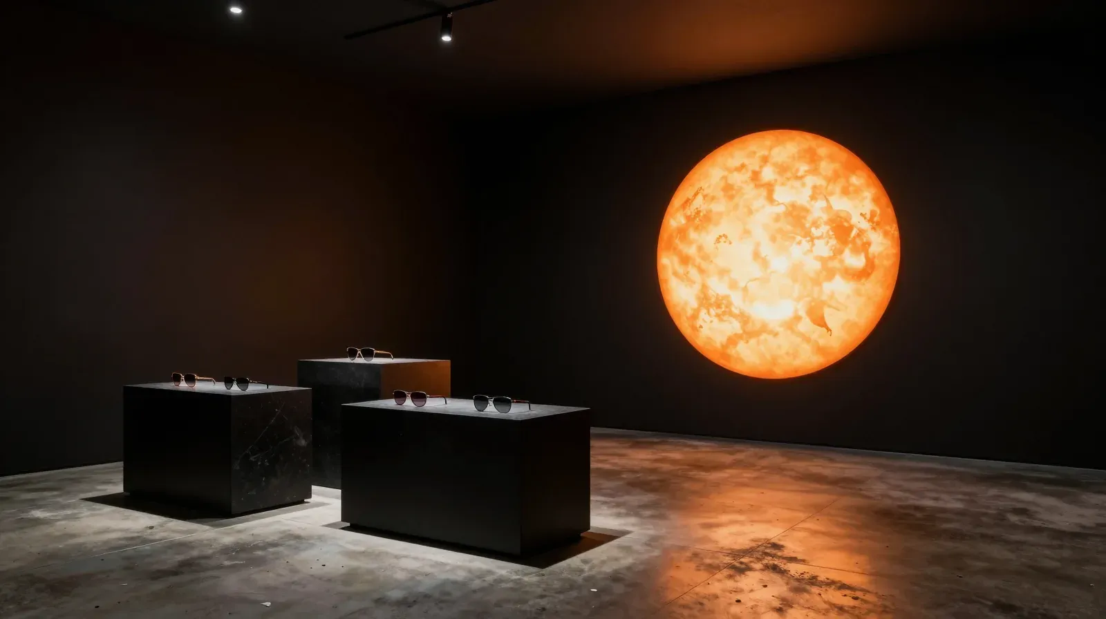 A concrete showroom with a glowing orange sun sculpture and sunglasses on black plinths