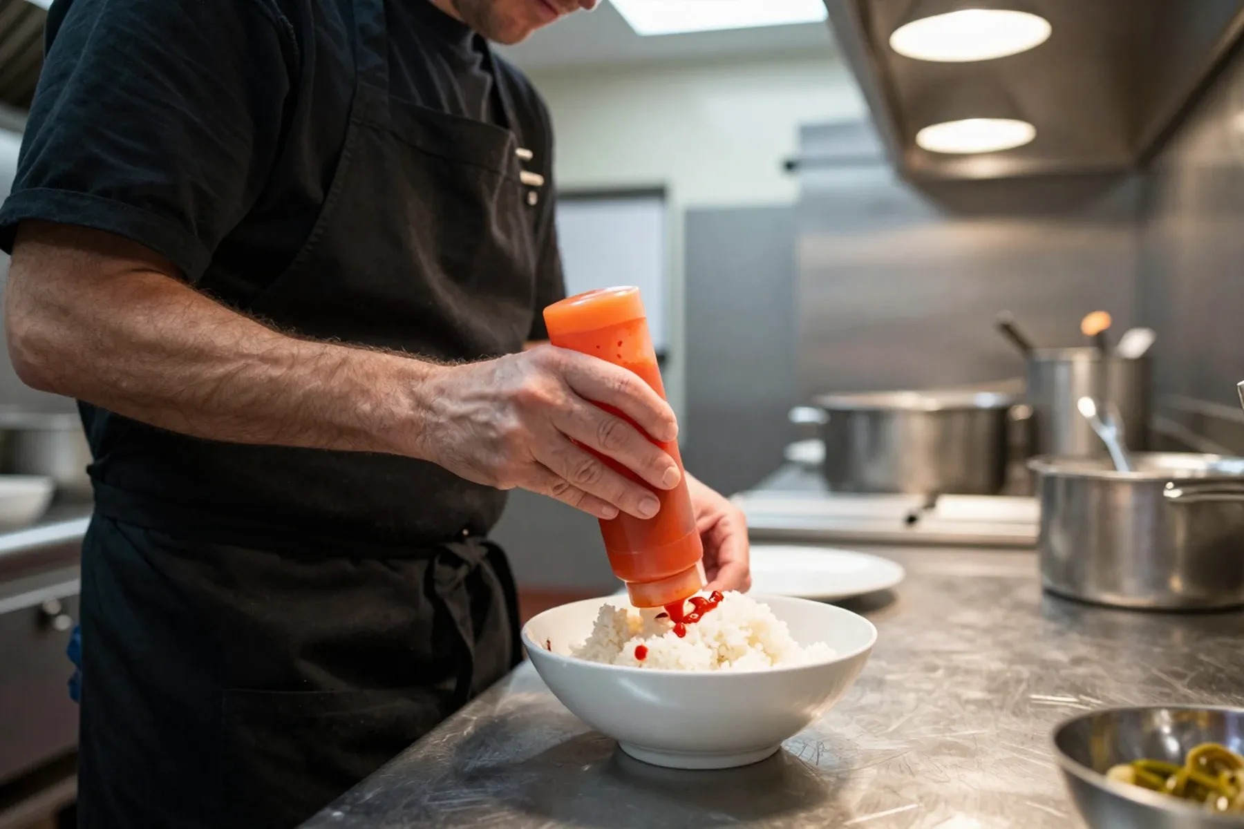 A line cook finishing a rice bowl with red chili sauce