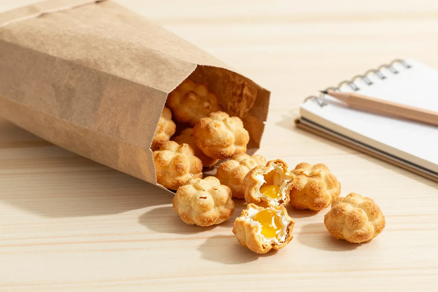 A plain paper snack bag torn open with honey puffs spilling out beside a notebook