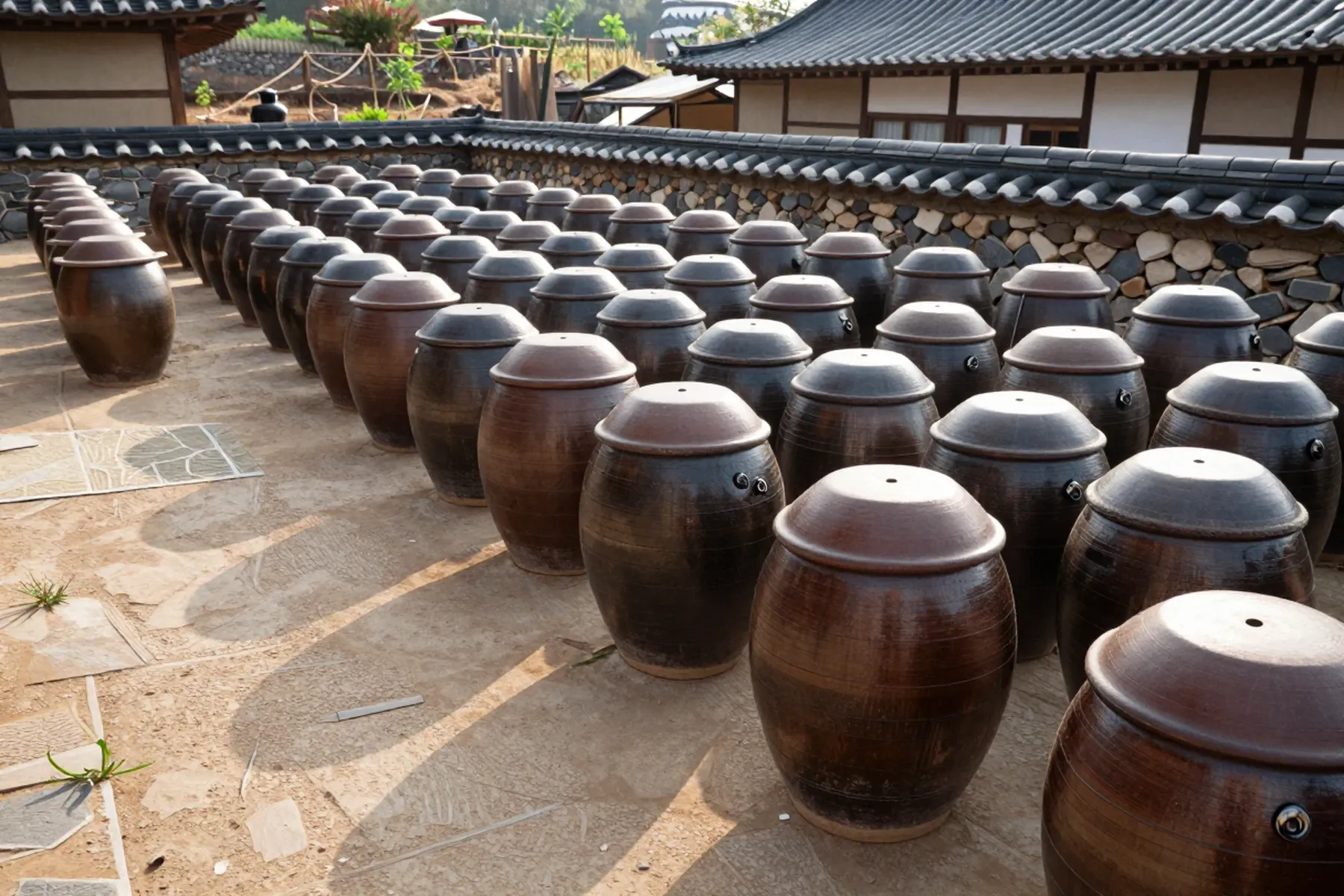Earthenware onggi jars fermenting in a courtyard