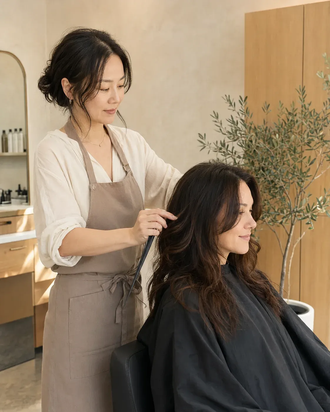 Sori's owner-stylist styling a client's long dark hair