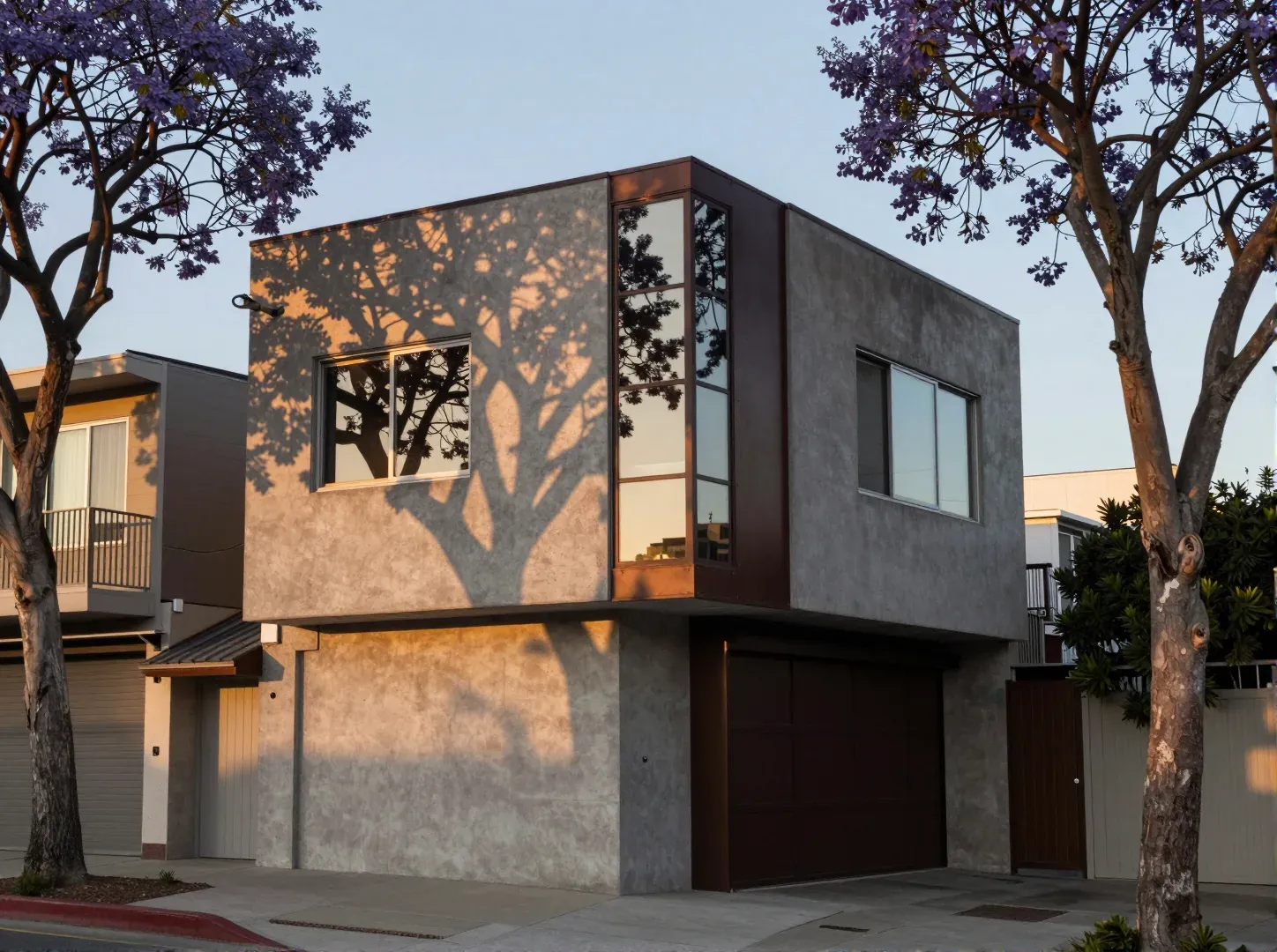 A narrow concrete house with a tall glazed lightwell on a hillside street