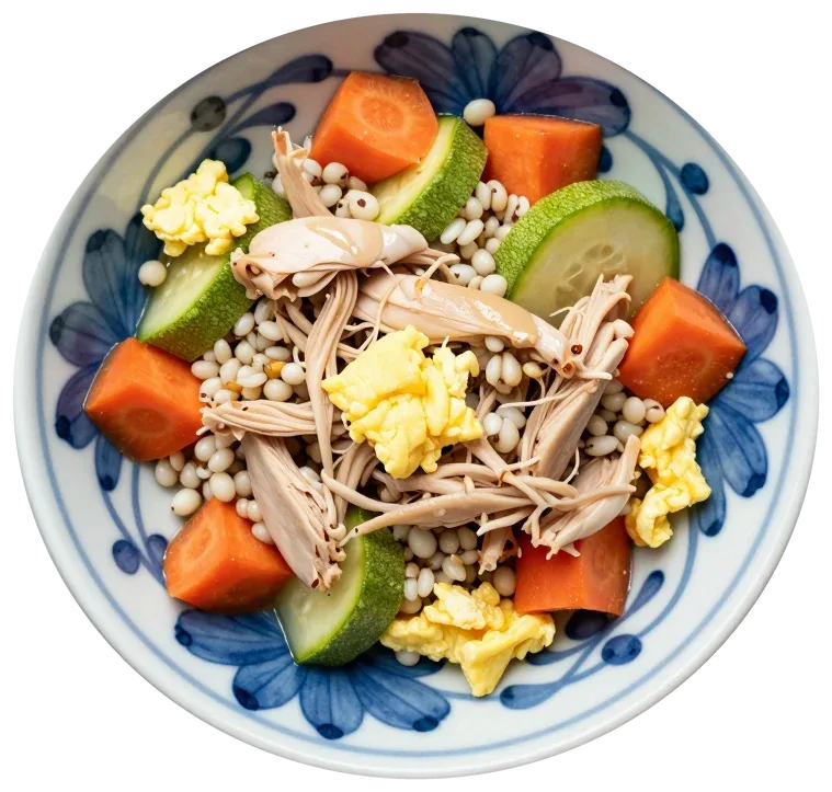 Chicken & Barley, in a blue-and-white bowl