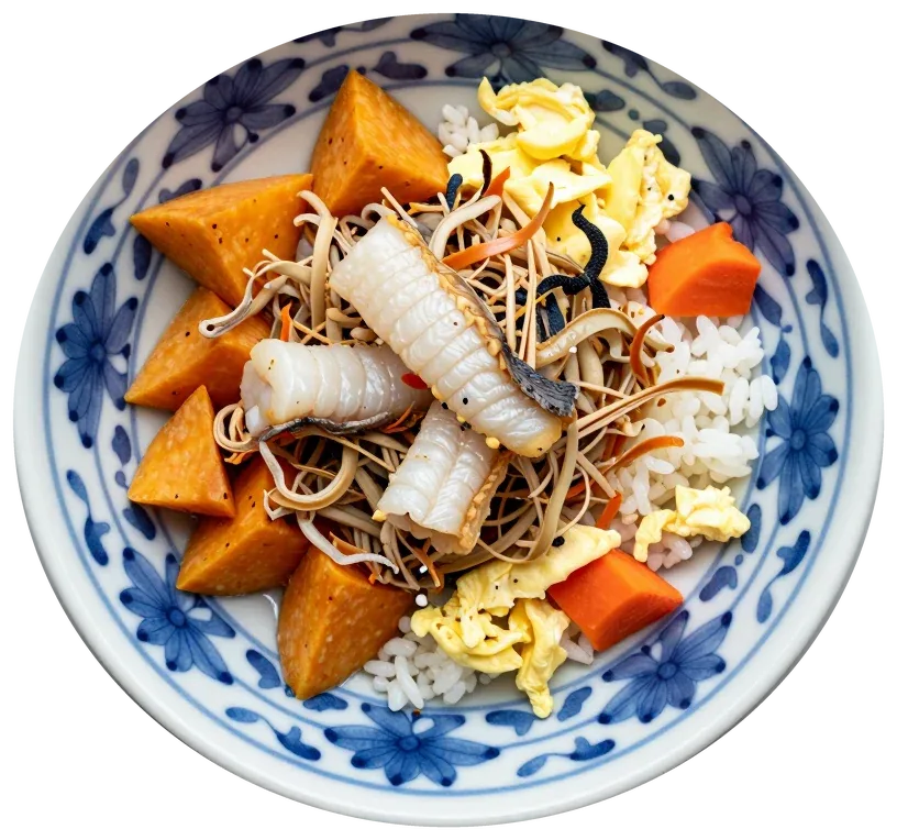 Pollock & Sweet Potato, in a blue-and-white bowl