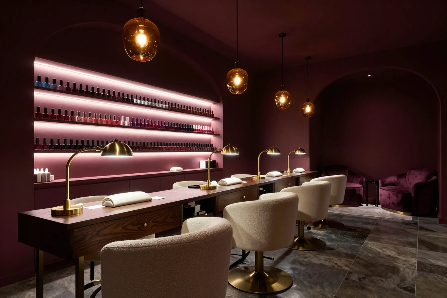 The salon at evening: plum walls, backlit polish shelves, walnut tables and brass lamps