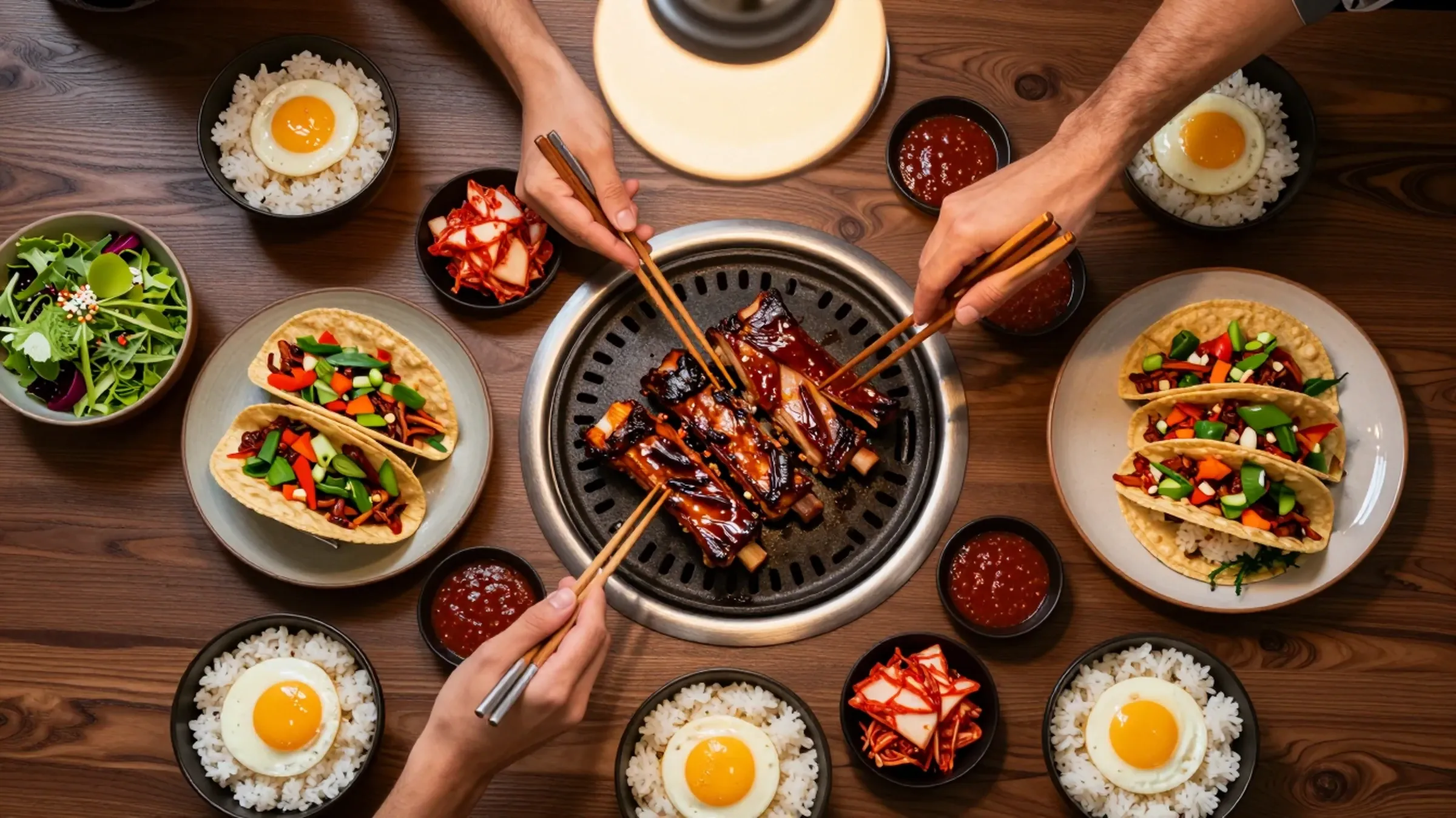 A crowded dinner table with hands reaching for shared dishes