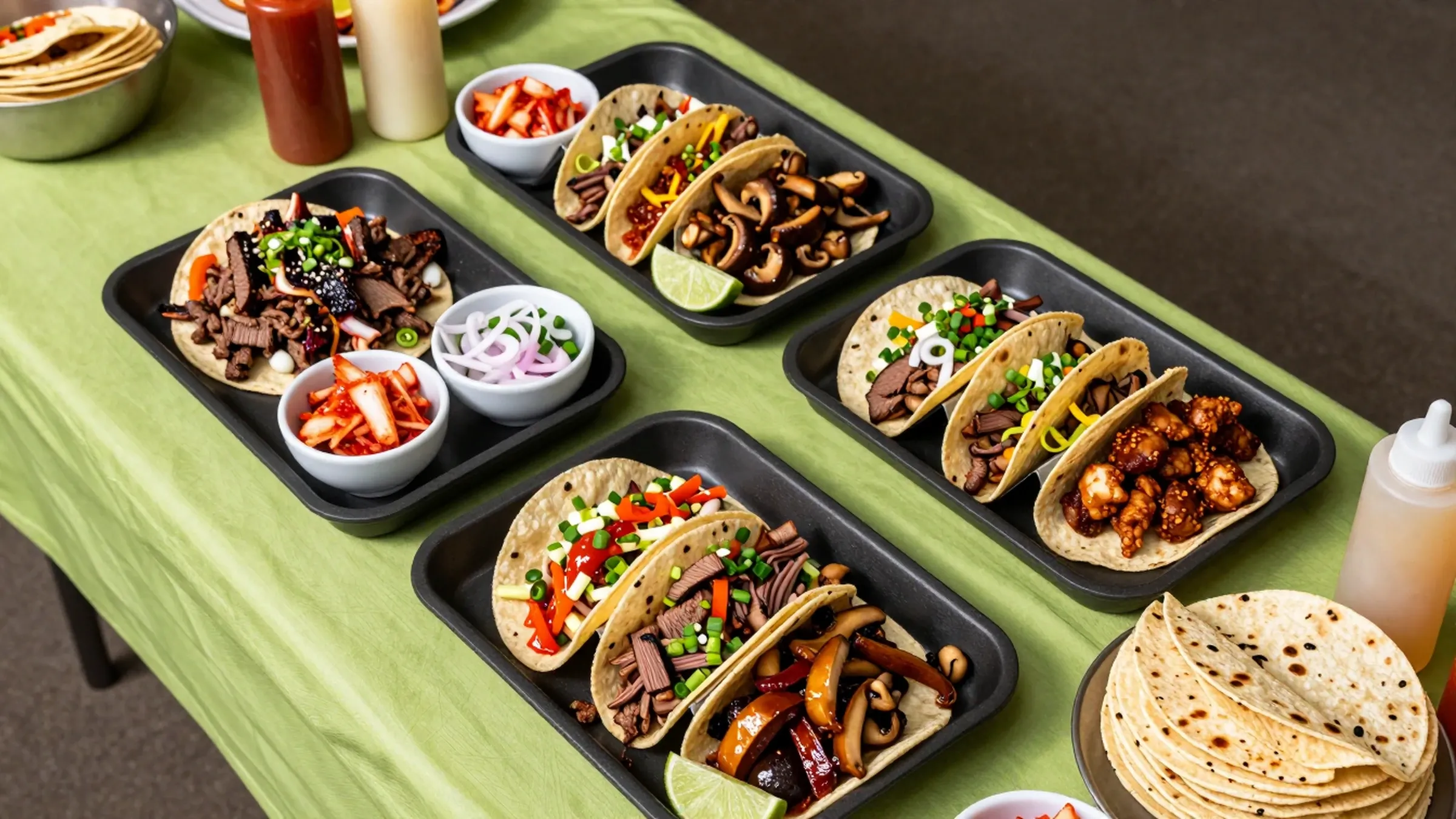 A catering taco bar with trays of meats, toppings and tortillas