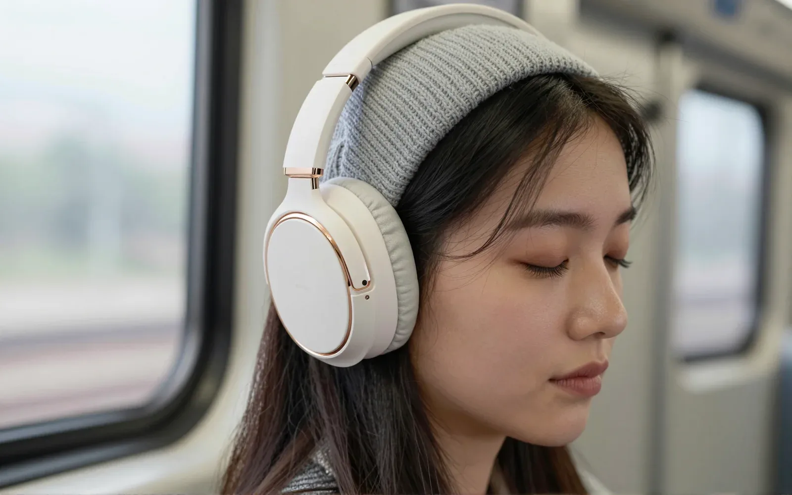 A woman on a quiet morning train, eyes closed, wearing GOYO One