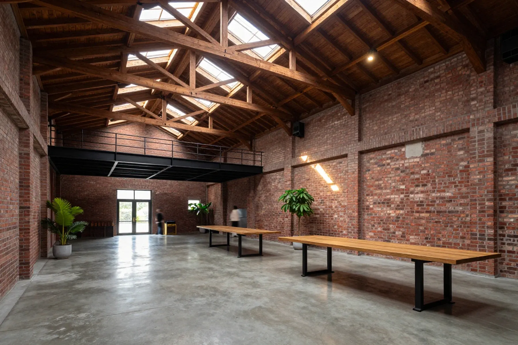 Converted warehouse hall under a timber bow-truss roof